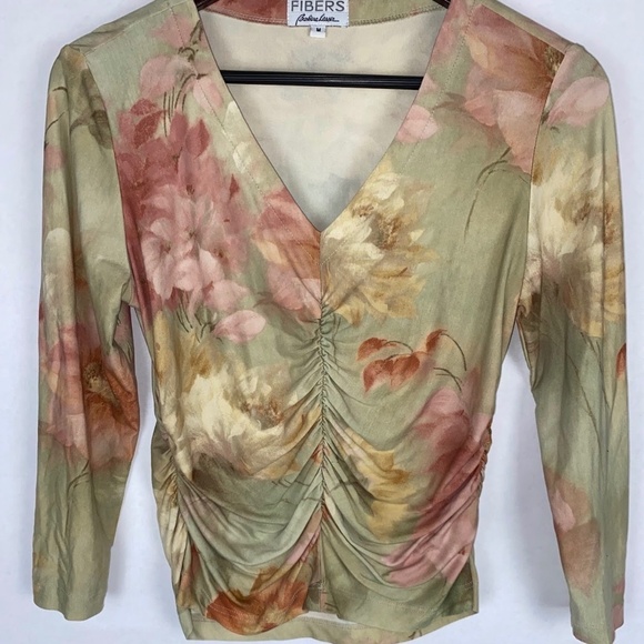 Fibers Barbara Lesser V-Neck 3/4 Sleeve Stretch Floral Y2K 90’s Top Medium EUC - Picture 1 of 6